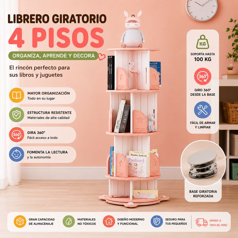 Librero Montessori Giratorio Rosa 360 °4 Niveles - Organizador de Libros y Juguetes 53 x 132 cm