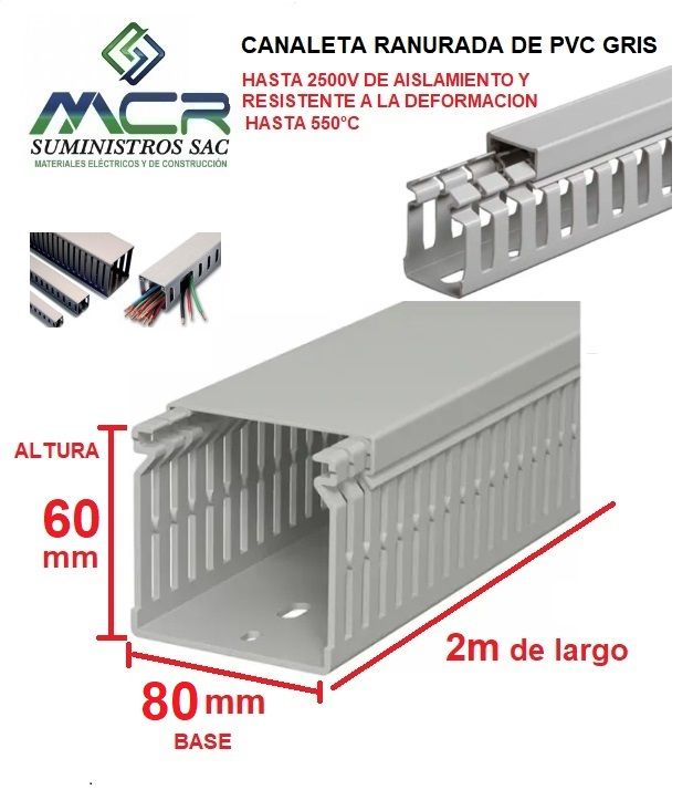 CANALETA DE PVC GRIS PARA CABLES DE 80mm BASE X 60MM ALTURA X 2m LARGO