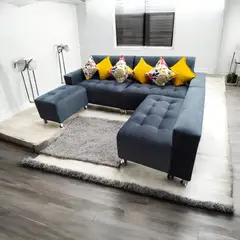 AMOBLART - Seccional Paradisse PLOMO OSCURO 3 Piezas + Banqueta + 6 cojines -