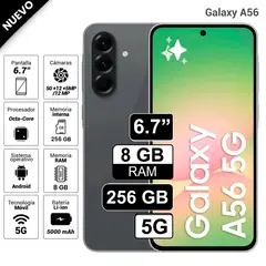 SAMSUNG - Celular Galaxy A56 5G 256GB 8GB RAM cámara principal 50MP frontal 12MP 67 negro