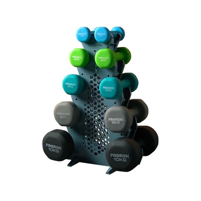 Set de mancuernas de neopreno de 1KG Celeste, 2KG, 3KG, 5KG y 10KG + Rack 5 niveles