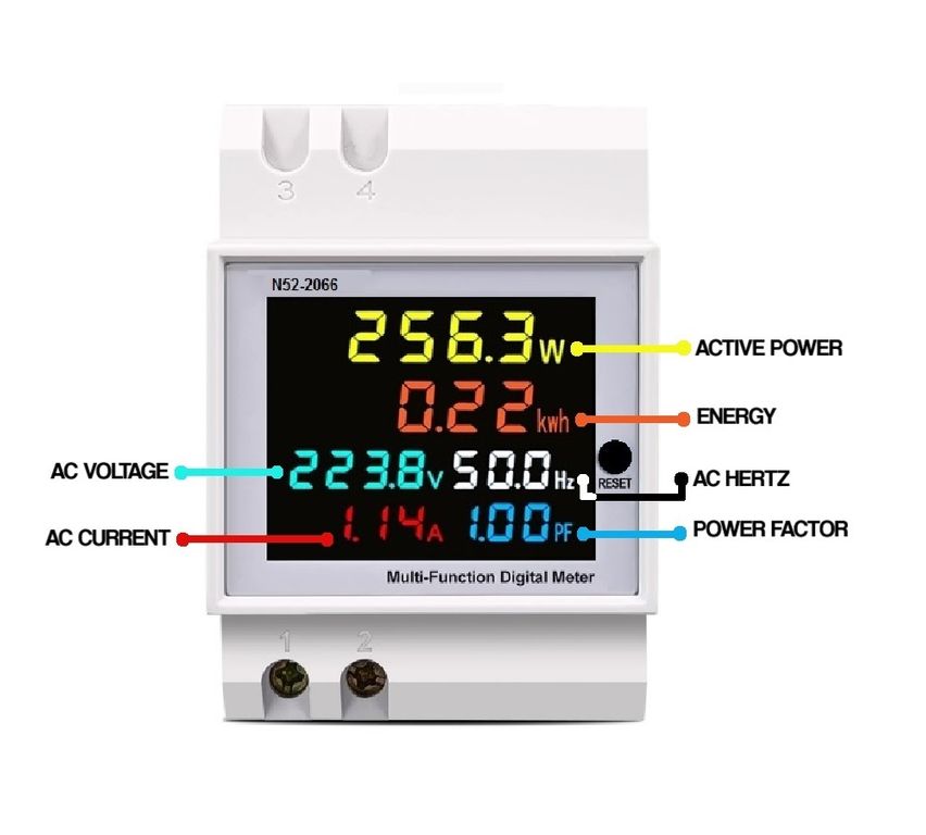 MEDIDOR DIGITAL RIEL DIN DE 6 PARAMETROS (COS, V, A, W, KWH, HZ)
