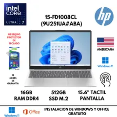 HP - LAPTOP 15-FD1008CL ULTRA 7 155H 16GB RAM 512GB SSD PANTALLA 15.6" FHD TACTIL WIN 11 AMERICANA