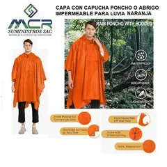 GENERICO - CAPA CON CAPUCHA O PONCHO PVC IMPERMEABLE PARA LLUVIA  NARANJA CON BOLSILLO