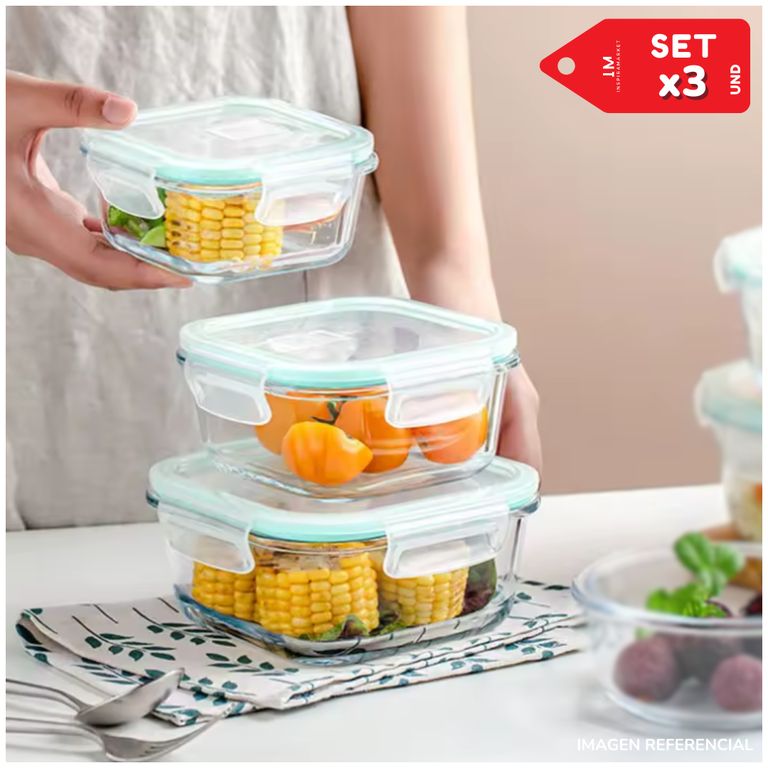 Set x3 Tapers de Vidrio Herméticos Tapa Antiderrame Recipientes para Alimentos 390ml 520ml 800ml
