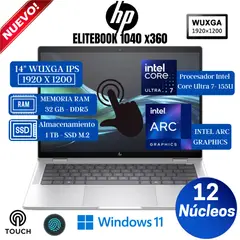 HP - Laptop Elitebook 1040 x360 G11 14” WUXGA Táctil, Core Ultra 7-155U, Ram 16GB, Ssd 1TB, Win 11 Pro