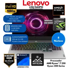 LENOVO - Laptop Lenovo LOQ AMD Ryzen AI7 RAM 16 GB SSD 512 GB 15.6" FHD NVIDIA 8GB Windows 11