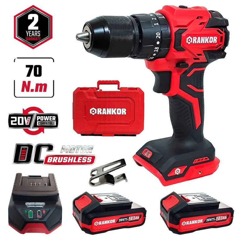 Taladro Percutor Atornillador 70Nm RANKOR 20V 2Bat x 2AH Brushless