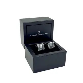 CHRISTIAN ARMAND - JUEGO DE GEMELOS CUADRADOS PLATEADOS CON NEGRO DISEÑO MONOGRAMA