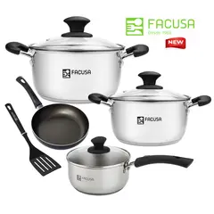 FACUSA - Juego de Ollas 8 Piezas Acero Inoxidable con tapa de vidrio