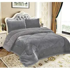 GENERICO - EDREDON PIEL DE ANGEL CON SHERPA 3 PIEZAS GRIS