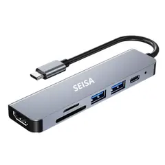 SEISA - Adaptador Hub 6 en 1 Tipo C a Tipo C, USB, SD, TF y HDMI 4K