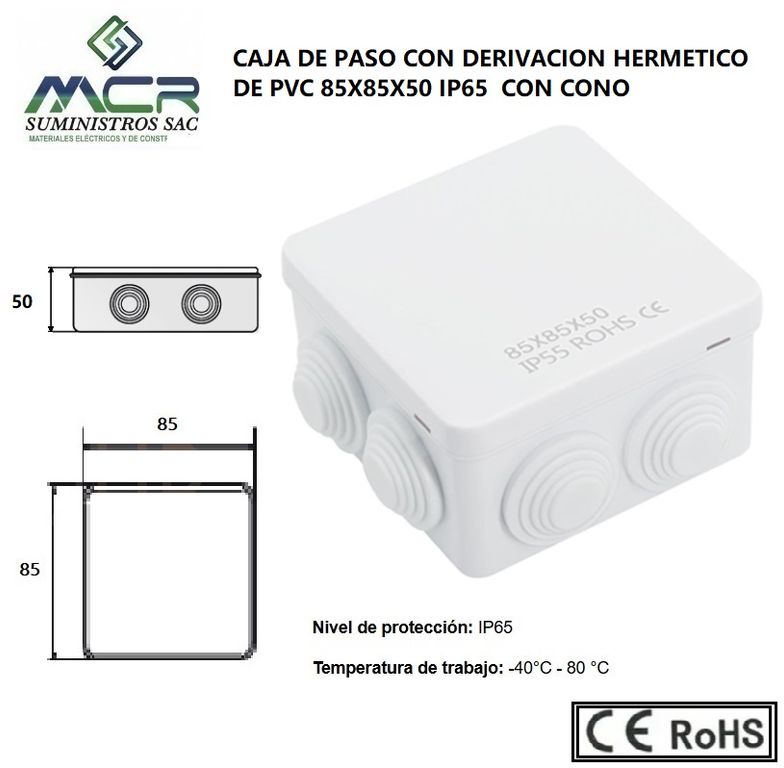CAJA DE PASO O DERIVACION HERMETICO DE PVC 85X85X50 CON CONO