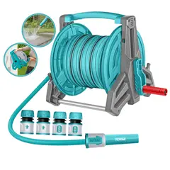 TOTAL TOOLS - Kit manguera de riego 20m porta manguera retráctil conectores rápidos