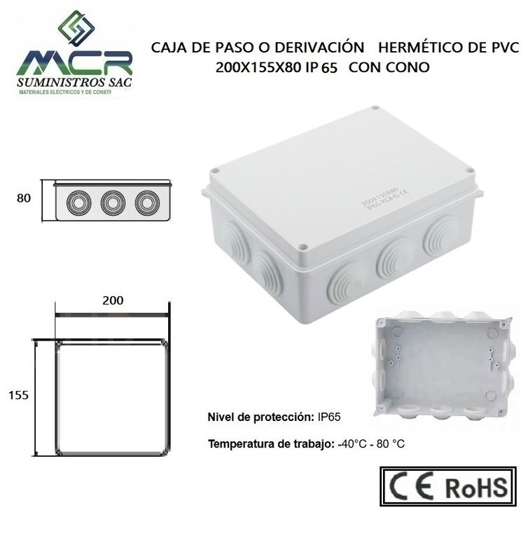 CAJA DE PASO O DERIVACION HERMETICO DE PVC 200X155X80 CON CONO
