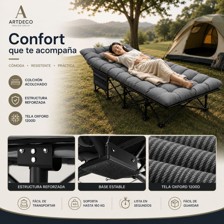 Cama Plegable Portátil con Colchón Gris + bolsa y antifaz