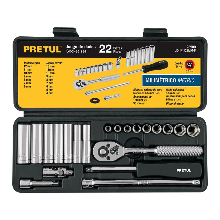Juego de dados 22 herramientas 1/4" mm para mecánico, Pretul