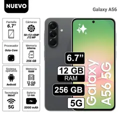 SAMSUNG - Celular Galaxy A56 5G 256GB 12GB RAM cámara principal 50MP frontal 12MP 67 Negro
