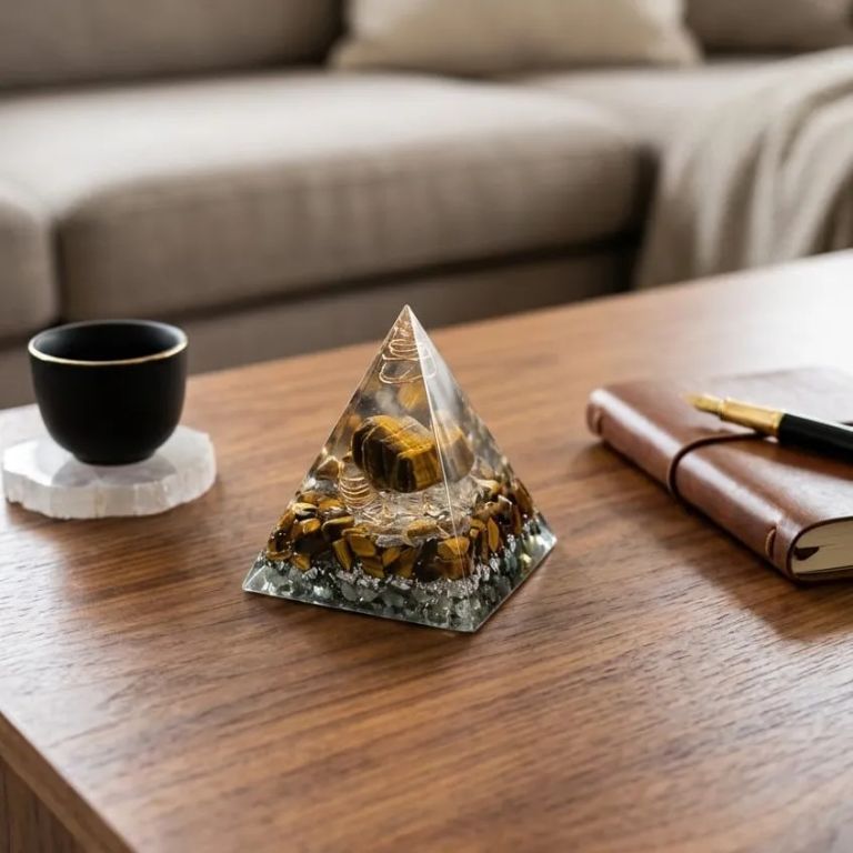 PIRAMIDE ORGANITA MEDIANO CON PIEDRA OJO DE TIGRE Fuerza Coraje
