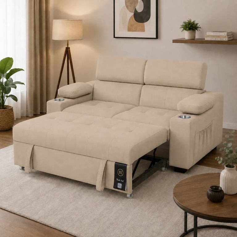 Sofá Cama Baltimore con Porta Vasos y Bolsillo 2 plz - Beige Claro