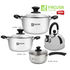 FACUSA - Juego de ollas 7 Piezas Acero Inoxidable con tapa de vidrio