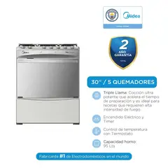 MIDEA - Cocina a Gas Procook 30’’ 5 Quemadores Acero Inox MGS30FS2LBBMSS-PE