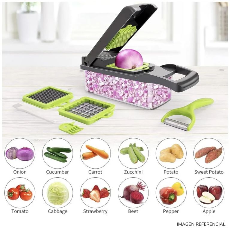 Picador de Verduras Multifuncional con Recipiente y Cuchillas Intercambiables
