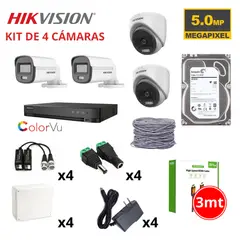 HIKVISION - KIT 4 CÁMARAS DE SEGURIDAD 5MP COLOR VU C/AUDIO + DISCO SEAGATE 1TB