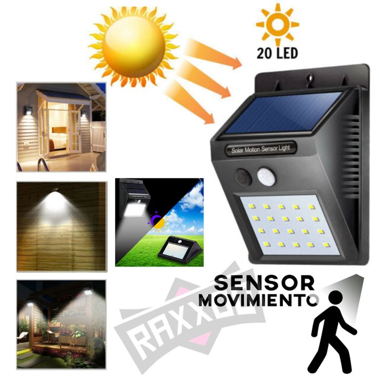 Reflector foco lampara led luz solar con sensor movimiento 20 leds