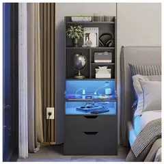 TU MESITA - Velador Alto con Luz LED y Panel de Carga Eduardo Color Grafito