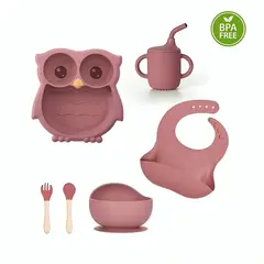 GENERICO - Set Plato Premium de Silicona Búho con Cubiertos Bebe Niños 6 Pz