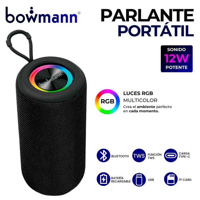 Parlante Bluetooth Portátil Bowmann BTS-200X Recargable con Luces RGB Radio FM USB TWS
