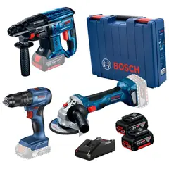 BOSCH - Amoladora 5" Inc 2 Bat + Rotomartillo Sds-Plus + Taladro Perc 1/2" 18V Brushless