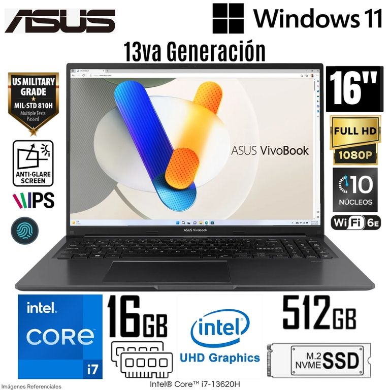 Laptop Asus Vivobook X1605VA - MB1440 Intel Core i7-13620H 16GB RAM 512GB SSD 16" WUXGA Indie Black