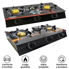 GENERICO - Cocina a Gas MS 66888 3 Hornillas Vidrio Templado