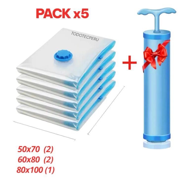 PACK x6 BOLSAS AL VACIO MAS INFLADOR SUCCIONADOR