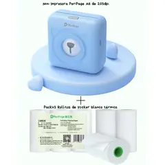 PERIPAGE - A6 MINI IMPRESORA TERMICA 203DPI + 3 ROLLOS STICKER BLANCO