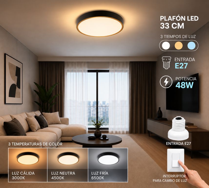 Plafón LED 48W 3 Temperaturas de Luz E27 Ø33 cm Negro con Detalle Dorado