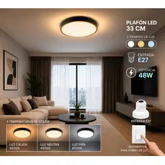 GENERICO - Plafón LED 48W 3 Temperaturas de Luz E27 Ø33 cm Negro con Detalle Dorado