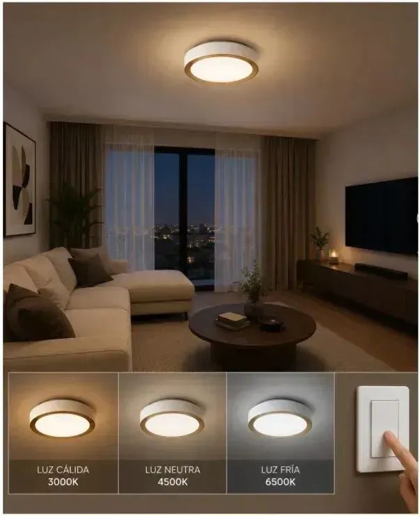 Plafón LED Redondo 24W E27 – 3 Temperaturas de Luz – Blanco con Borde Dorado – 26 cm