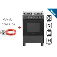 MIDEA - Cocina a Gas 4 Quemadores MGS24FS2LFABBC-PE NEGRO + Válvula para Gas