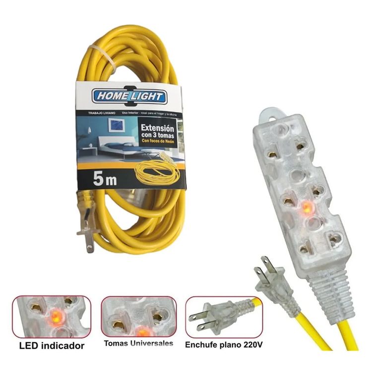 EXTENSIÓN AMARILLA ELÉCTRICA 5MT CABLE VULCANIZADO 3 TOMAS HOME LIGHT