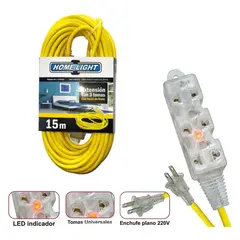 HOME LIGHT - EXTENSIÓN AMARILLA ELÉCTRICA 15MT CABLE VULCANIZADO 3 TOMAS HOME LIGHT