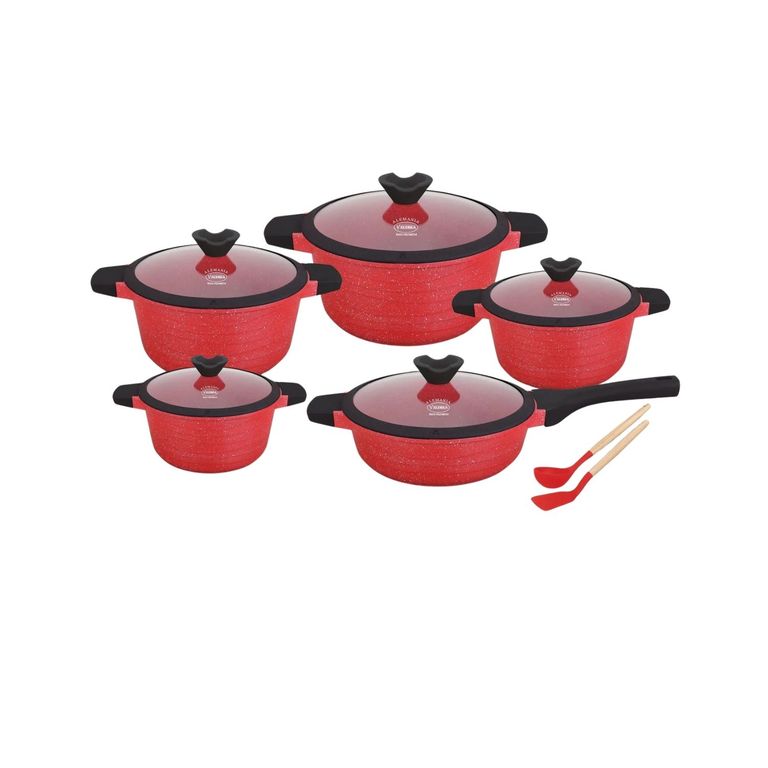 Juego de ollas de roca volcánica rojo x 12 piezas marca Valeska