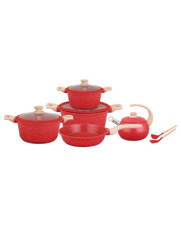 Juego de ollas de roca volcánica rojo x 9 piezas marca Valeska