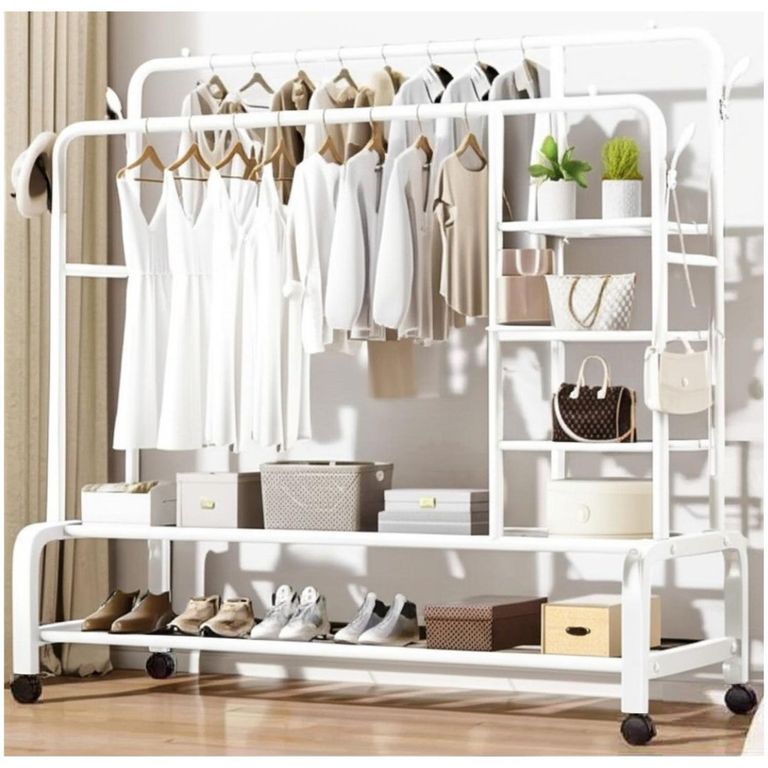 Colgador de Metal con Ruedas con Doble Barra 160x110x55cm Blanco
