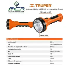TRUPER - LINTERNA LED PLASTICA RECARGABLE USB 200 LUMENES 140m