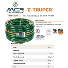 Truper - MANGUERA REFORZADA 3 CAPAS DIAMETRO 1” ROLLO 50m TRUPER
