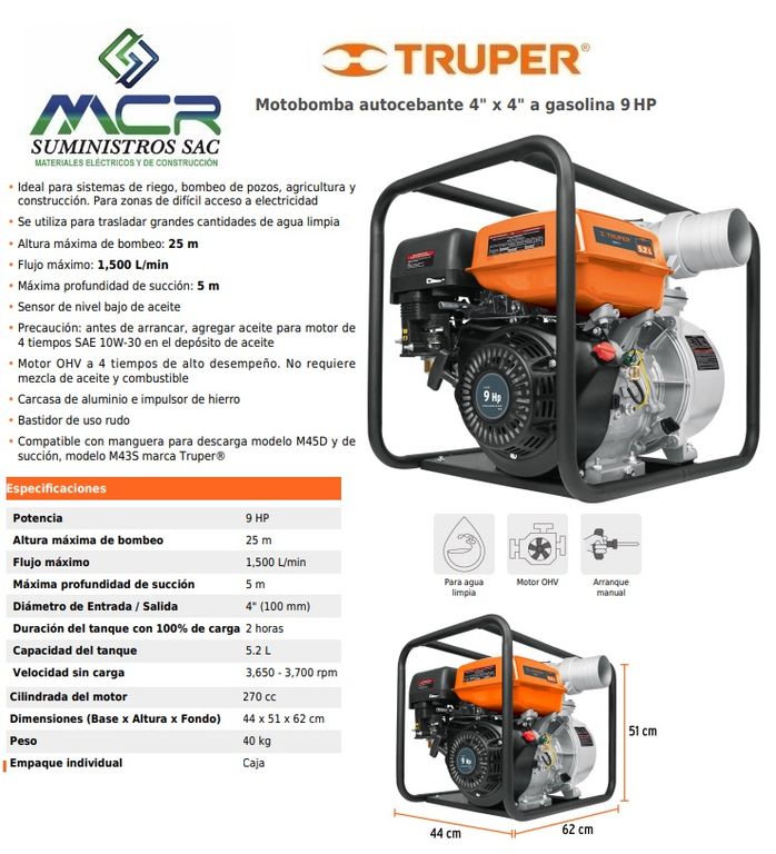 MOTOBOMBA A GASOLINA AUTOCEBANTE 9 HP 4” PULGADAS TRUPER