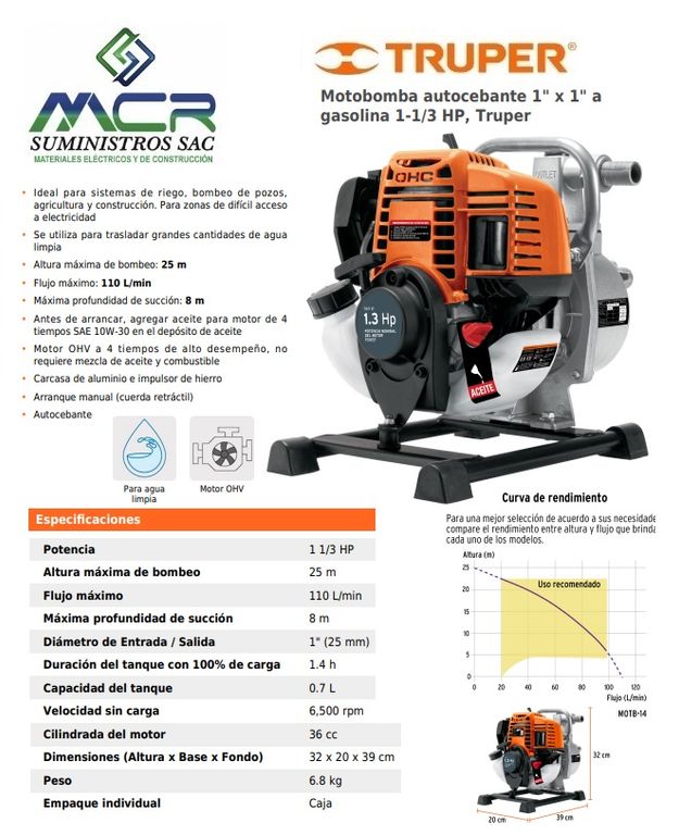 MOTOBOMBA A GASOLINA 4 TIEMPOS 1 1/3 HP 1” x 1" PULG 110 L TRUPER